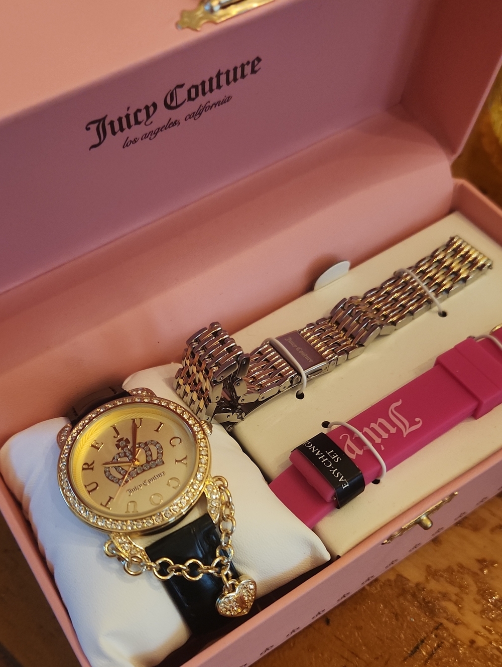 Juicy Couture Gold-Tone Watch with Black Leather and Pink Silicone Straps